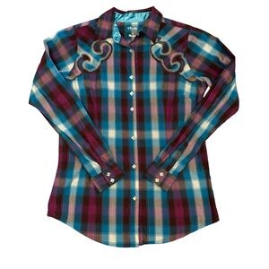 Rock 47 Wrangler Rhinestone Snap Front Shirt M Plaid Embroidered Purple Western